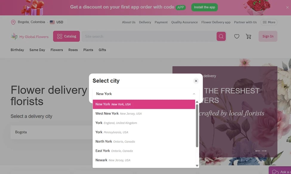 Selecting a destination city on MyGlobalFlowers