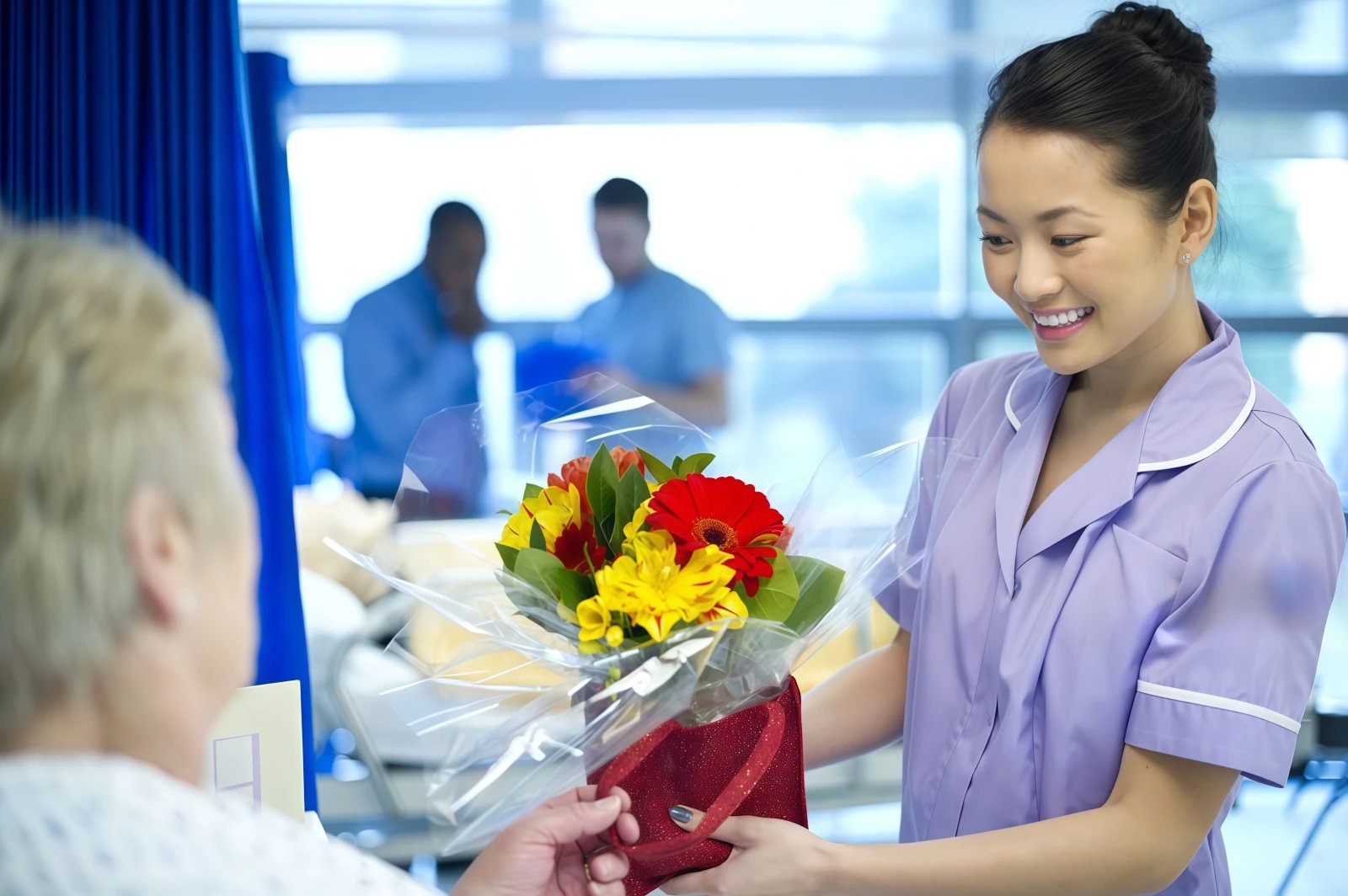 Nurse giving a flower bouquet to a patient during hospital flower delivery