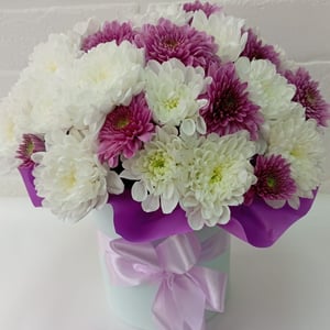 Шляпная коробка с цветами «Композиция "Нежность"» из хризантем