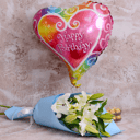 Dazzling day: Two lilies, foil balloon and a box of chocolates