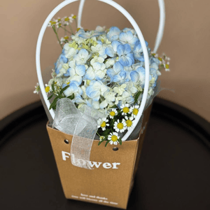 Композиция «Сумочка с гортензий и ромашками»