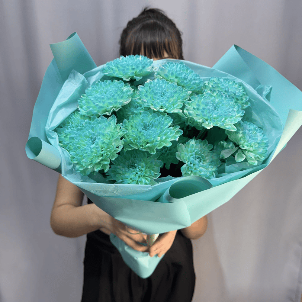 Букет «Комплимент из бирюзовых хризантем»