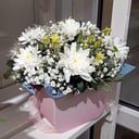 Коробка с цветами «Цветочный комплимент в кашпо» из хризантем и гипсофил