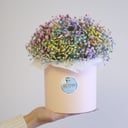 Шляпная коробка с цветами «Радужное облачко» из гипсофил