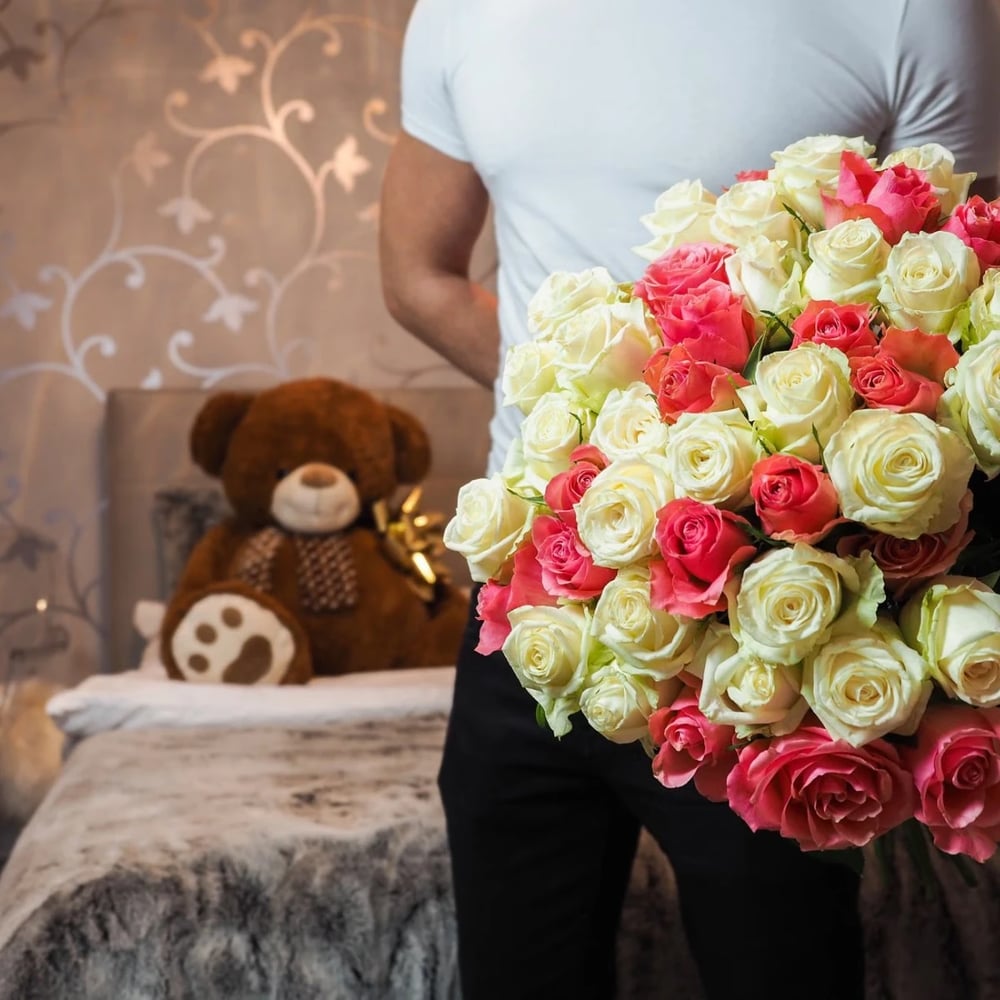 Pink and white roses with chocolates and teddy bear gift