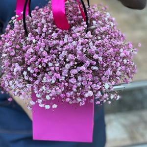 Коробка с цветами «Сумочка фиолетовой гипсофилы»