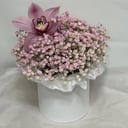 Шляпная коробка с цветами «Нежно-розовая гипсофила с орхидеей»