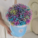 Шляпная коробка с цветами «Радужная гипсофила в голубой коробке XL»