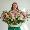 Большая корзина с цветами из роз и ромашек