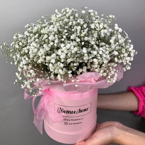 Шляпная коробка с цветами «После дождя» из гипсофил