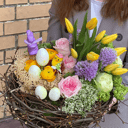 Композиция «Благая весть» из тюльпанов и экзотических цветов