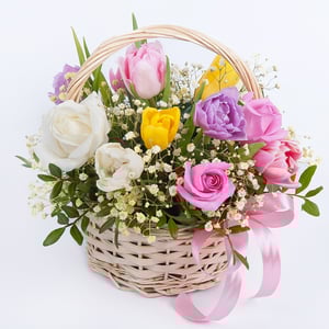 Корзина с цветами «Весенний припев» из тюльпанов и роз