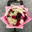 Букет из белых Хризантем, Роз и Диантуса