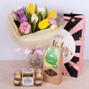 Подарочный набор «Тюльпаны, шоколадные конфеты и чай»
