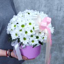 Шляпная коробка с цветами «Ромашковое поле» из хризантем