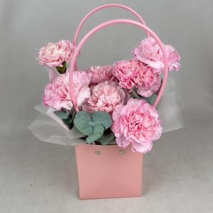 Коробка с цветами «Розовые диантусы в сумочке с эвкалиптом»