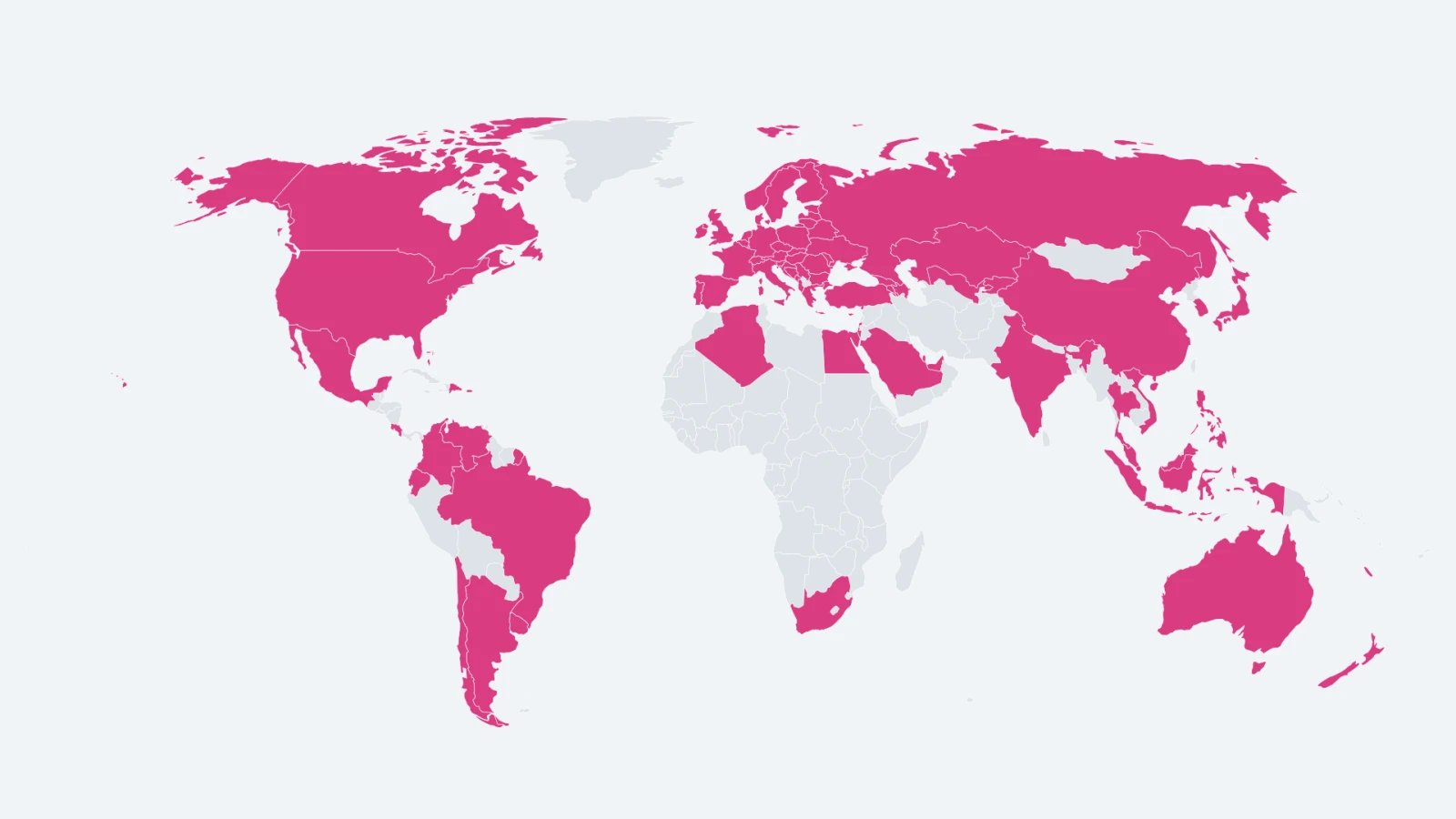 Minimal world map highlighting countries and territories available for international flower delivery