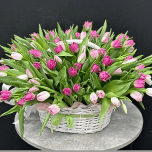Корзина с цветами 101 розовый тюльпан
