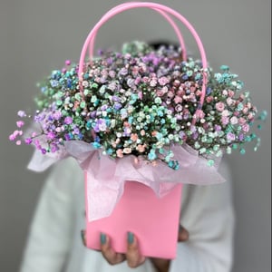 Коробка с цветами «Сумочка с радужной гипсофилой»