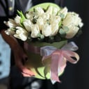 21 белый тюльпан с эвкалиптом в шляпной коробке