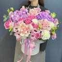 Шляпная коробка с цветами «Композиция с гортензиями и розами 2»