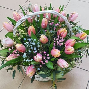 Корзина с цветами «Весенняя роса» из тюльпанов и гипсофил