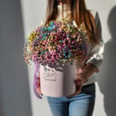 Шляпная коробка с цветами «Радужное облако» из гипсофил