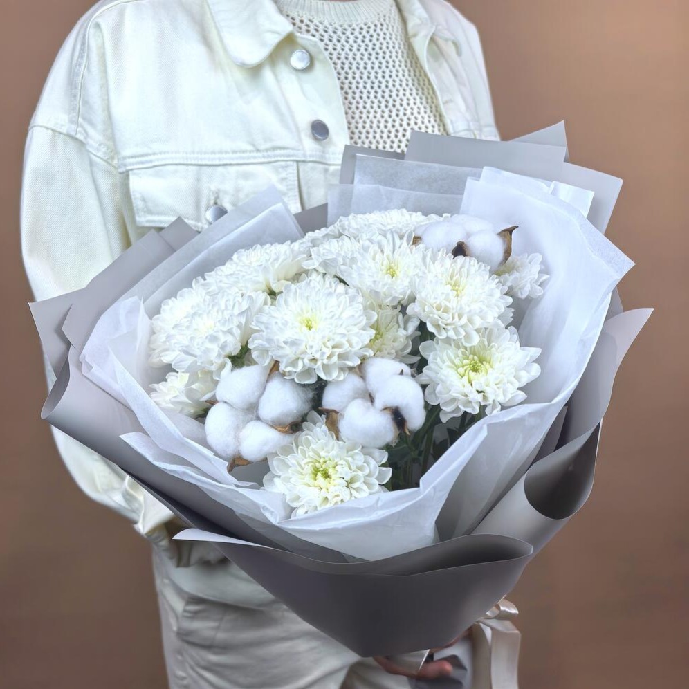 Букет «Белая Хризантема с Хлопком»