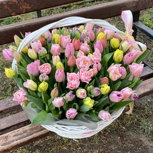 Корзина с цветами «101 разноцветный тюльпан»