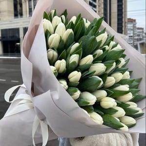 Большой букет белых тюльпанов