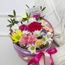 Коробка с цветами «Композиция Роз, Хризантем и Диантусов»