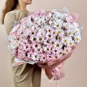 Ромашковый букет из 27 розовых хризантем