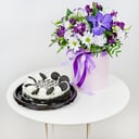 Композиция «Нежные чары» с тортом из хризантем и эустом