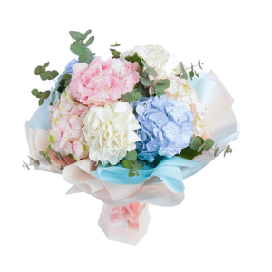 Букет из 7 гортензий с эвкалиптом