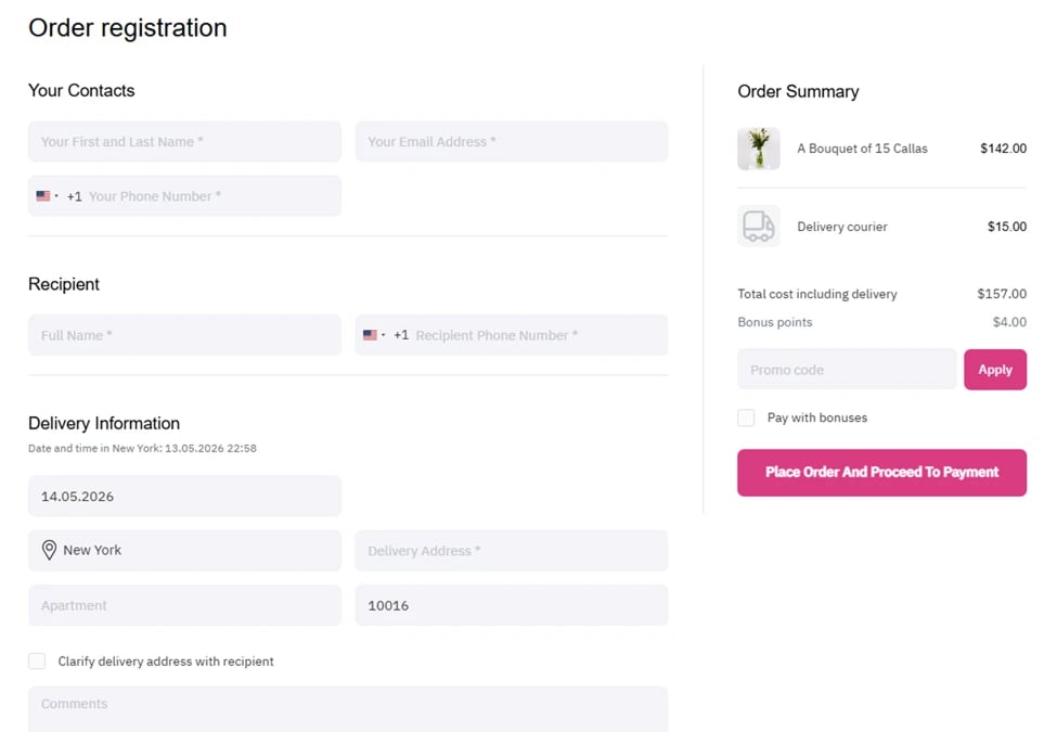 Recipient details form during order registration