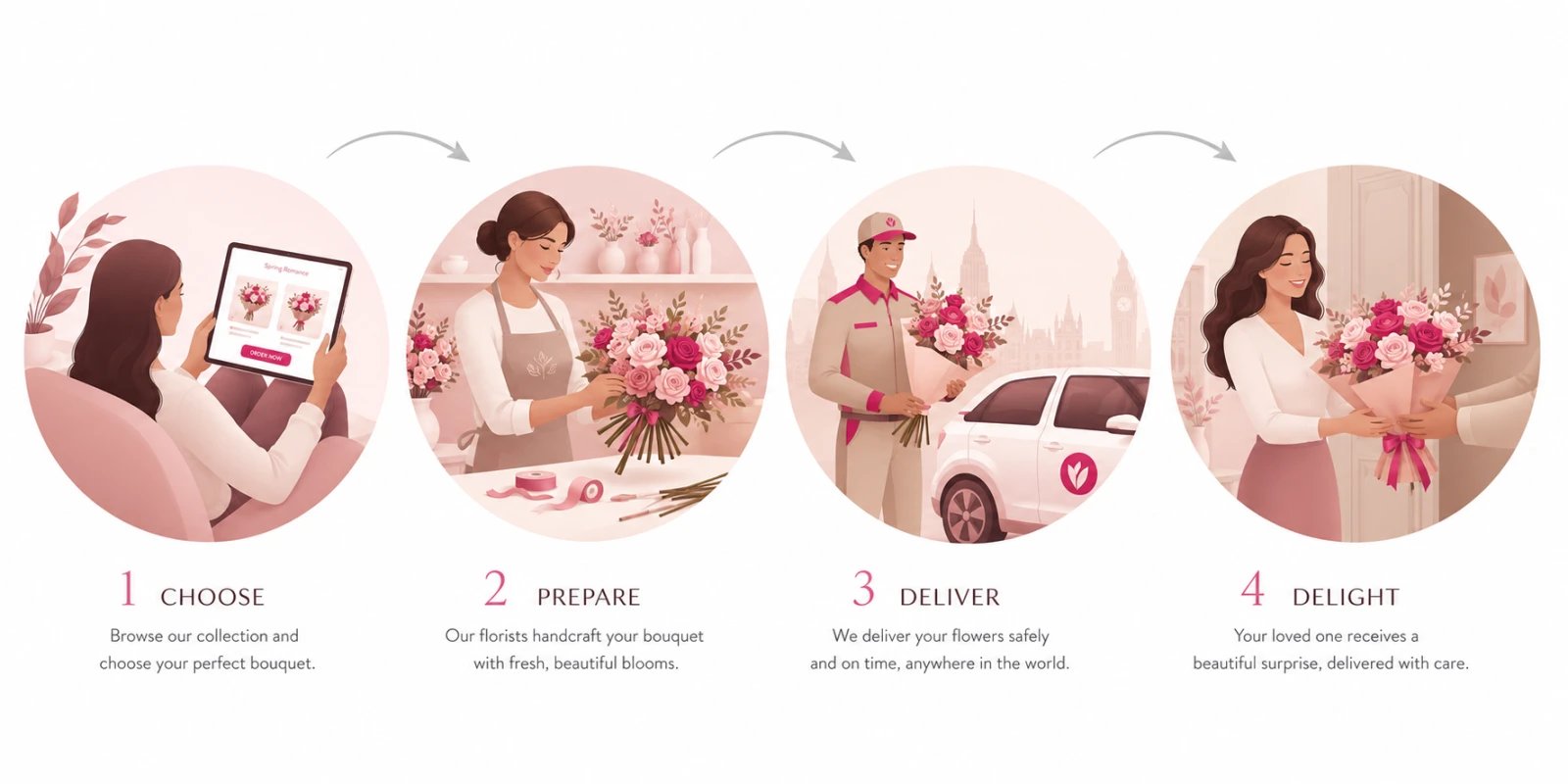 Infographic showing the international flower delivery process: choosing a bouquet online, local florist preparation, courier delivery, and the recipient receiving flowers