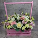 Коробка с цветами «Композиция из роз, гвоздики и эустомы»