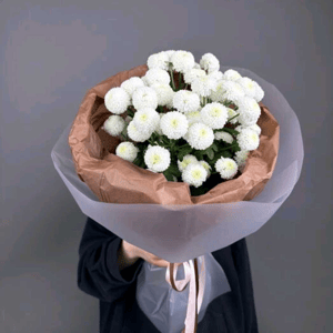 Монобукет из ньютона в дизайнерской упаковке из хризантем