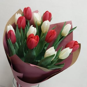 Букет «15 красных и белых тюльпанов»