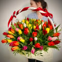 75 тюльпанов с зеленью в корзине