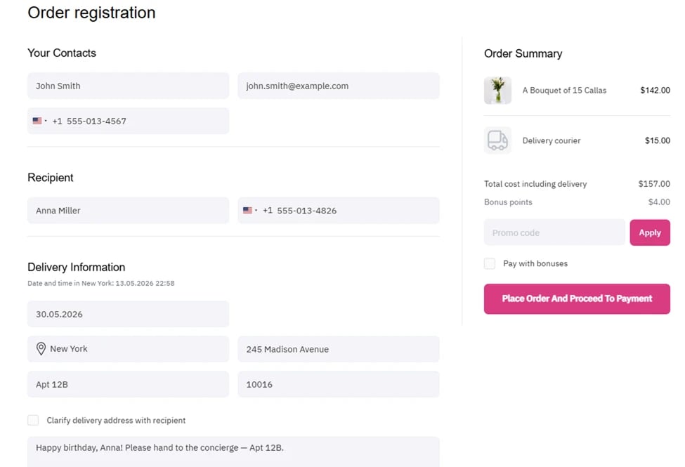 Order registration page and order summary before payment