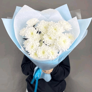 Букет из кустовой хризантемы Алтай в голубой упаковке