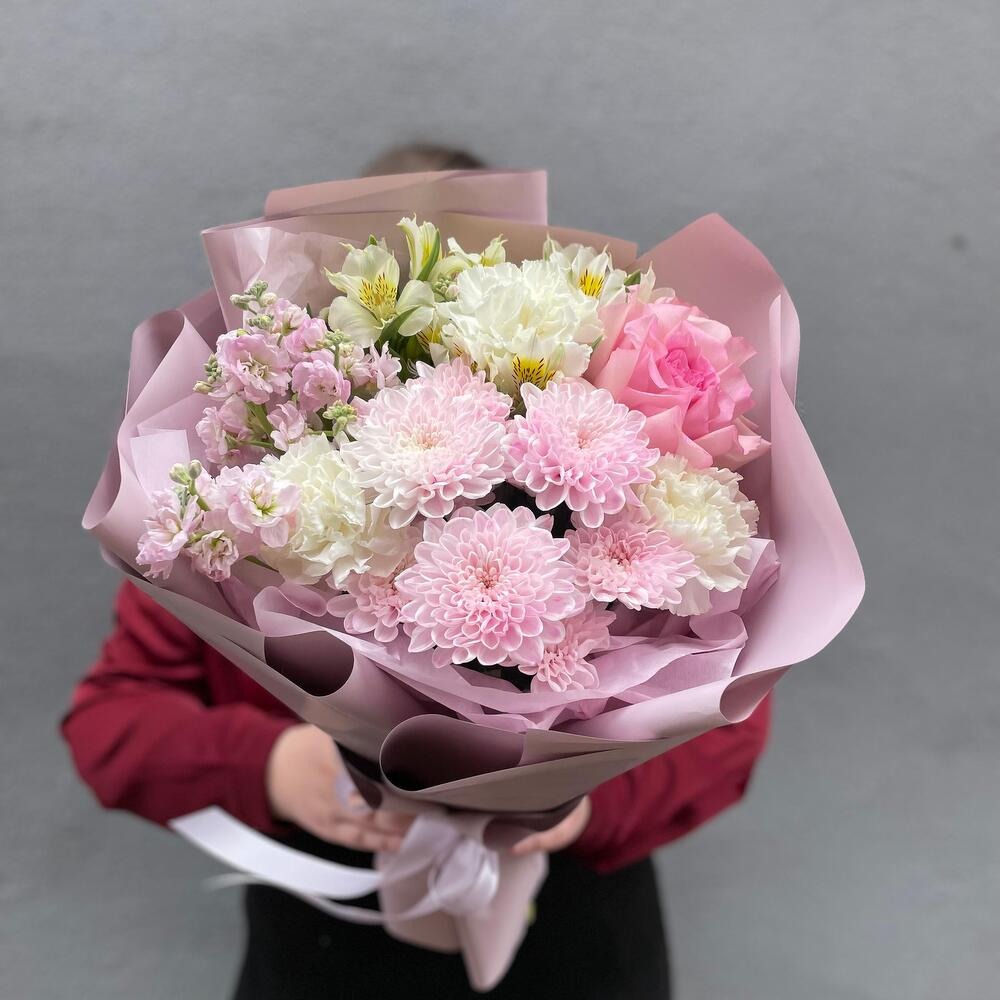 Букет «Хризантема, роза, альстромерия»