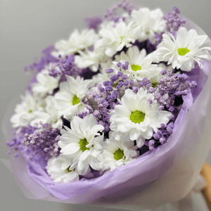 Букет «Ромашковые хризантемы с гипосфилой»