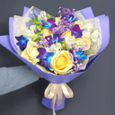 Букет «Сиреневый рассвет» из роз и гипсофил