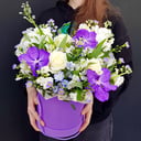 Шляпная коробка с цветами «Композиция "Фиолетовый дождь"» из альстромерий и орхидей
