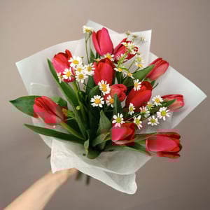 Букет «11 тюльпанов и ромашки»