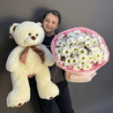 Подарочный набор «Набор букет с мишкой» из хризантем и гипсофил