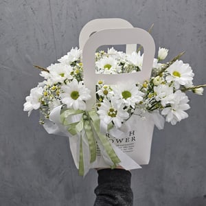 Букет «Сумочка ромашек хризантем и танацетум»