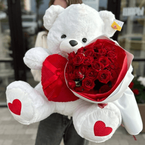 Подарочный набор «Букет Алый закат с медведем» из роз